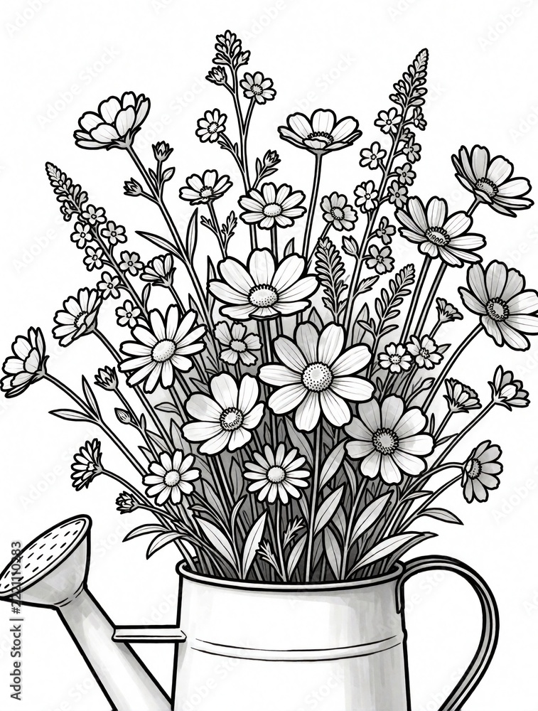 Fototapeta premium Spring wildflower bouquet in garden watering coloring page. Black line art illustration features daisies, chamomile, cosmos flowers. Minimalist botanical drawing for adult coloring book, kids craft,