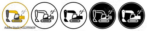 Flat hydraulic excavator icons in outlined, solid, and inverted styles