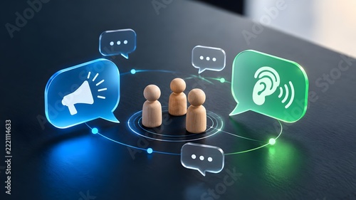 Active listening and digital communication concept with wooden figures surrounded by glowing megaphone and ear speech bubbles