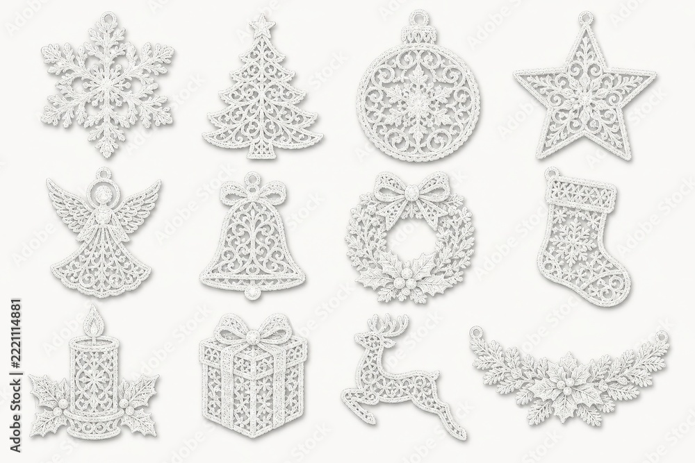 Fototapeta premium White lace Christmas ornaments, wreaths, stars, and holiday decor