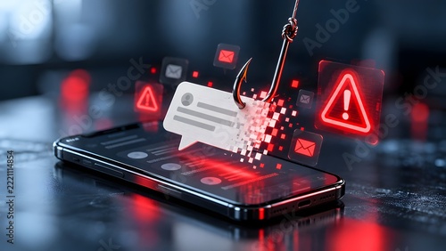 Mobile phishing scam concept featuring fishing hook catching fragmented digital text message with red warning alerts over smartphone