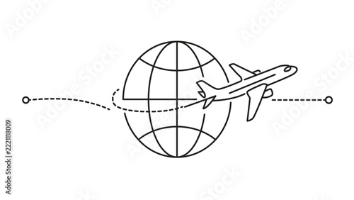 Black and white line of a passenger airplane flying around a globe with a dotted travel path trajectory line