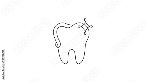 Continuous one line of a human tooth with a sparkling star icon, minimalist black outline on a plain white background