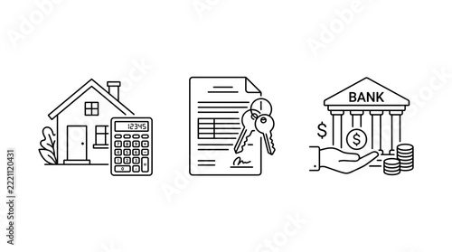 Real Estate Finance Icons: House, Keys, Contract, Bank, Money