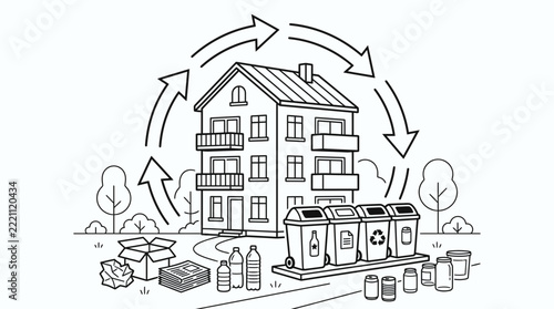 Recycling concept: house, bins, waste, arrows. Isolated.