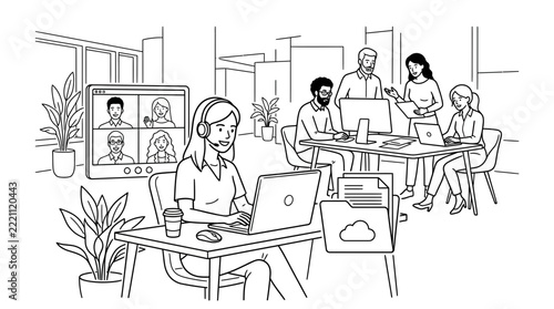 Remote Team Video Conference & Office Collaboration Line Art Illustration