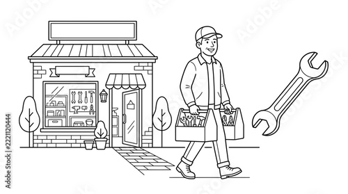 Repairman with toolbox walking from shop with wrench icon