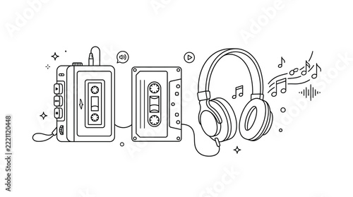 Retro Cassette Player, Tape and Headphones isolated on transparent background