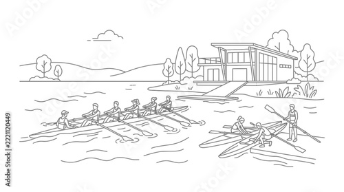 Rowing team practice on water near boathouse, summer day, line art.