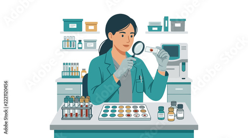 Scientist examines blood sample under magnifying glass in laboratory