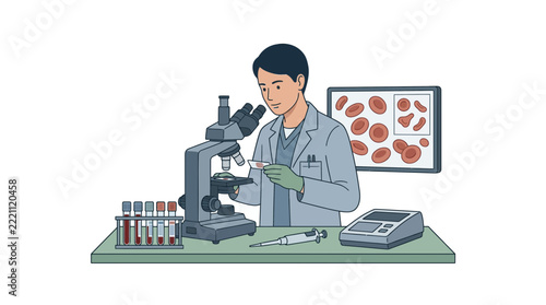 Scientist examining blood cells under microscope, laboratory research