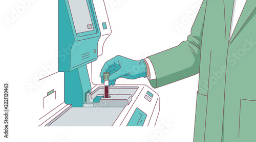 Scientist inserts blood sample into medical testing machine on transparent background