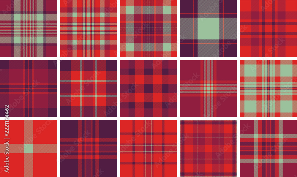 Fototapeta premium Seamless plaid pattern in elegant burgundy, mint green, and red. This traditional tartan design provides a cozy, sophisticated backdrop for textiles, seasonal marketing, and digital art.