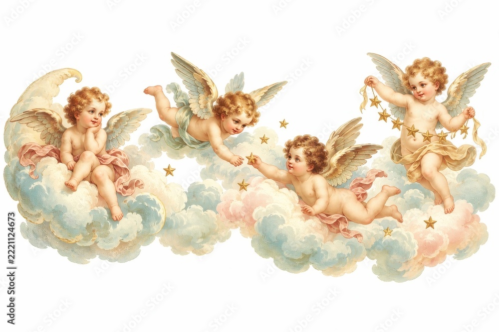 Fototapeta premium Vintage cherubs flying among pastel clouds and golden stars