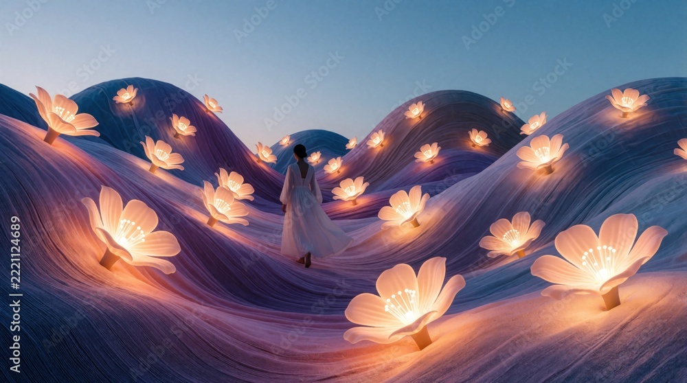 Naklejka premium Woman in white dress walks through fantasy landscape with glowing flower lights. Surreal colorful hills under evening sky create dreamlike atmosphere. Person explores magical garden with luminous