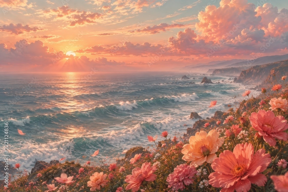 Fototapeta premium Sunset ocean waves beside a coastal cliff covered in flowers