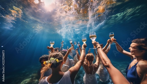 Underwater Celebration Party with Friends Toasting Champagne in Tropical Ocean