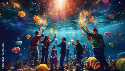 Underwater Celebration Party with Friends Toasting Champagne in Tropical Ocean