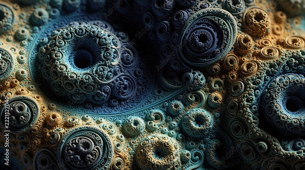 Fototapeta premium Abstract digital art background with weird bizarre texture. Intricate fractal patterns create organic 3d shapes in blue, gold colors. Bizarre motifs, complex swirls form unique psychedelic surface