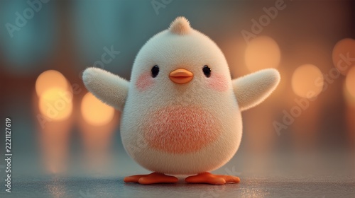 Cute little fluffy chick with round body and outstretched wings posing happily in a warm, glowing setting
