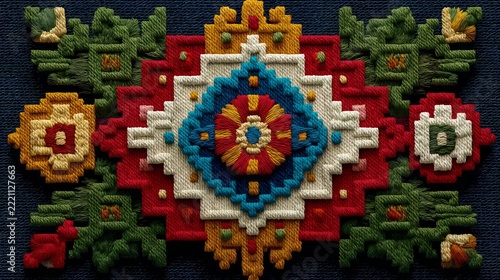 Vibrant textile art showcasing intricate geometric designs and rich colors