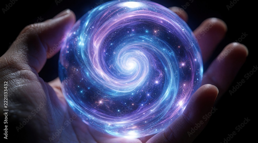 Fototapeta premium Human hand holds glowing blue, purple swirling orb of light. Magic galaxy sphere with stars, cosmic energy floats in palm. Abstract digital concept of futuristic technology, space exploration,