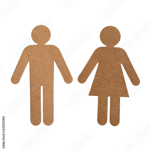 Male and female paper cutout figures representing gender symbols made from brown recycled craft cardboard material on transparent background