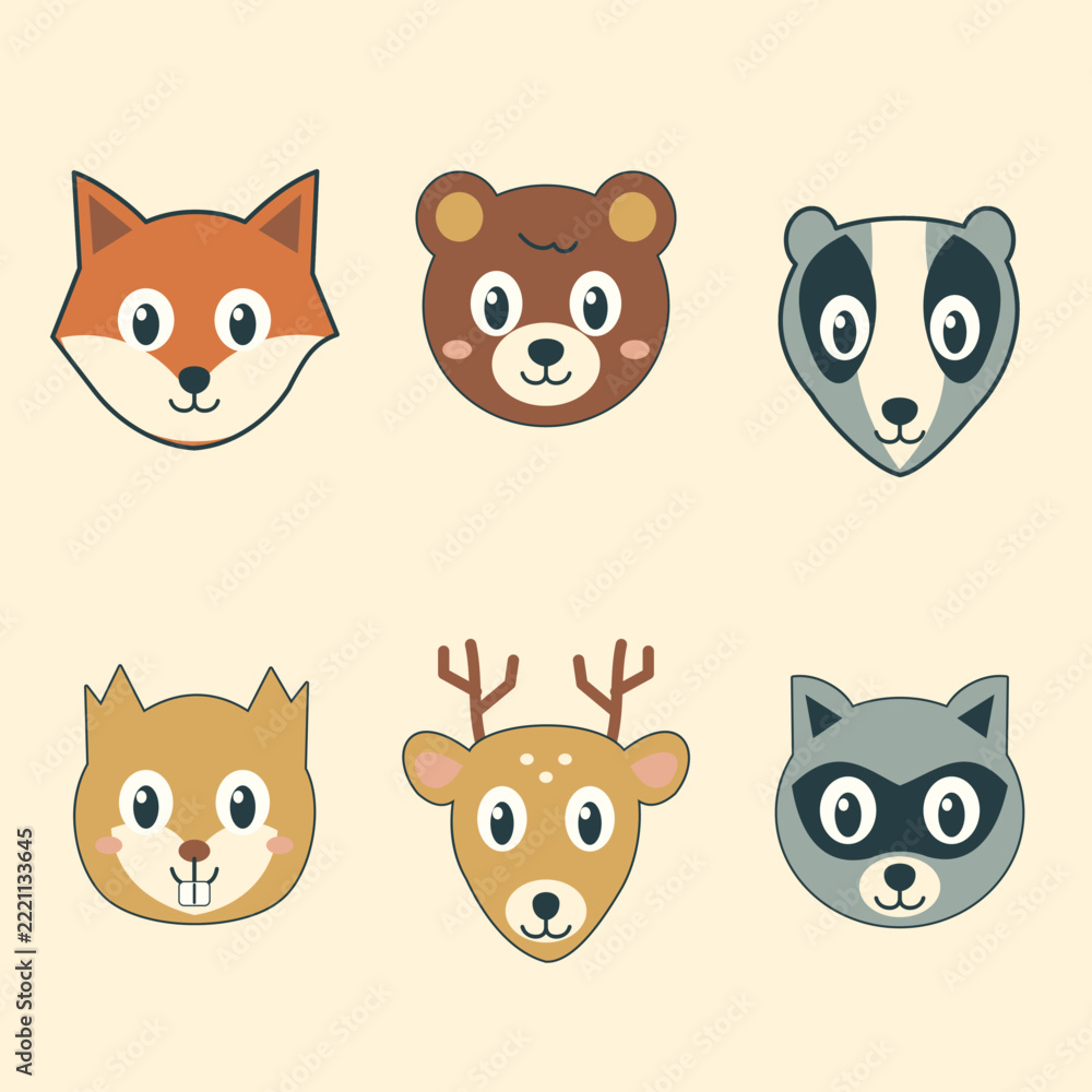 Fototapeta premium Six cute woodland animal faces original vector character set