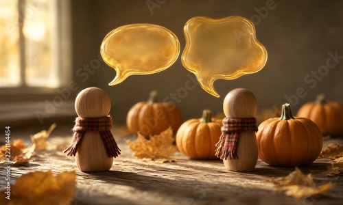 Two wooden figures with scarves converse under autumn pumpkins, golden speech bubbles above their heads.