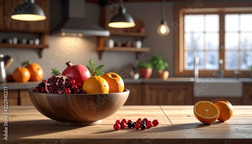 Fresh fruit bowl on kitchen counter.