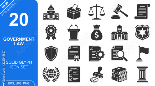 Government and law solid glyph icon pack featuring legal symbols including gavel courthouse shield ballot box and official documents for professional use