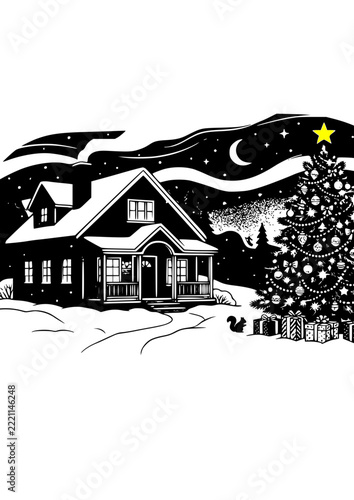 Black and white Christmas illustration with cozy winter house, large decorated tree in snow and holiday gifts