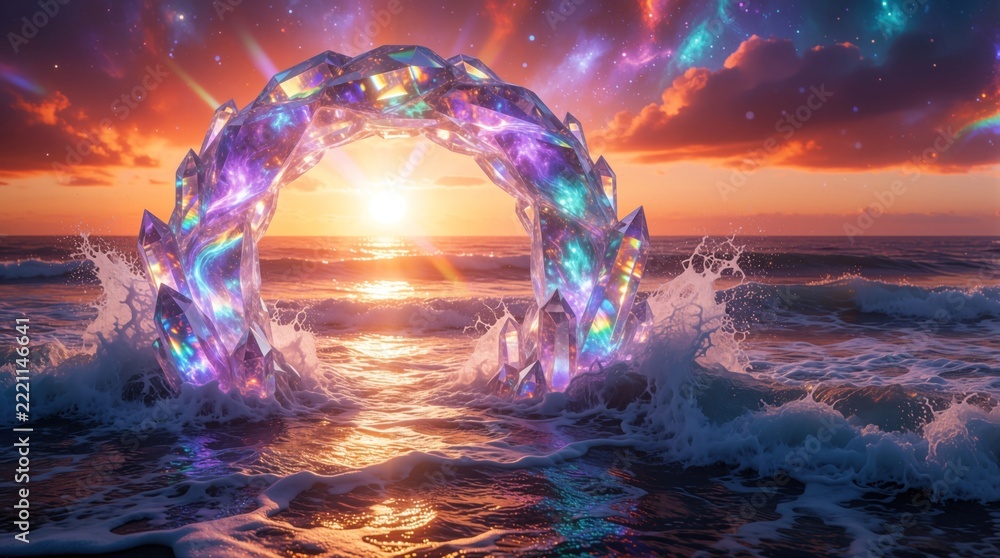 Fototapeta premium Magical crystal arch glows over ocean waves at sunset. Fantasy portal made of sparkling gems stands in sea water. Dreamy landscape with colorful nebula sky, golden sun light. Surreal coastal scene