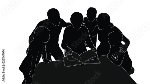 Black silhouette of diverse family members reading open book together at table in room