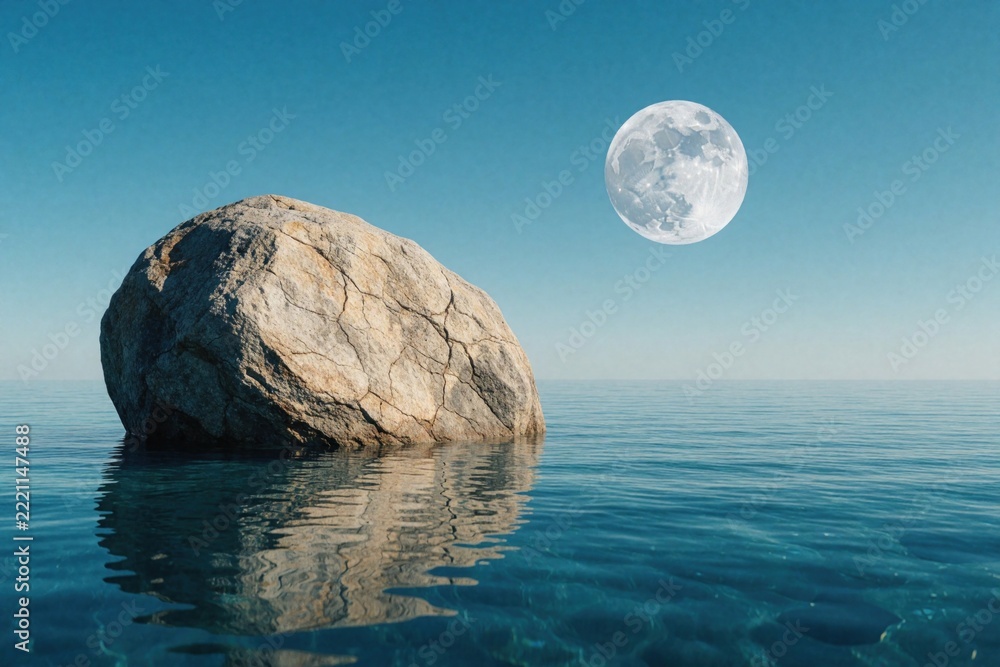 Fototapeta premium Large rock sits in calm blue ocean water under bright sky. Huge full moon floats above sea surface in surreal landscape. Dreamy cosmic scene with calm waves, giant stone. Fantasy concept of lunar
