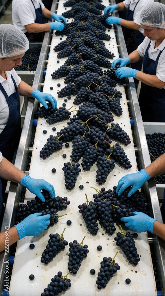 Fototapeta premium Workers sort fresh purple grapes on long conveyor belt in winery factory. Staff in hairnets, blue gloves inspect fruit during harvest season. Manual quality control process in industrial wine