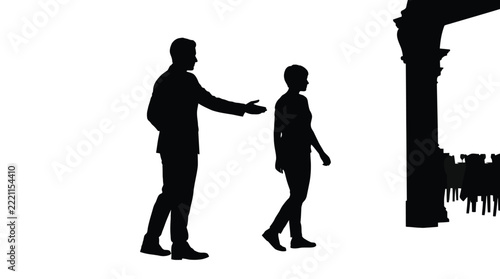 Black silhouettes of a man gesturing toward a walking woman inside a bright white hall
