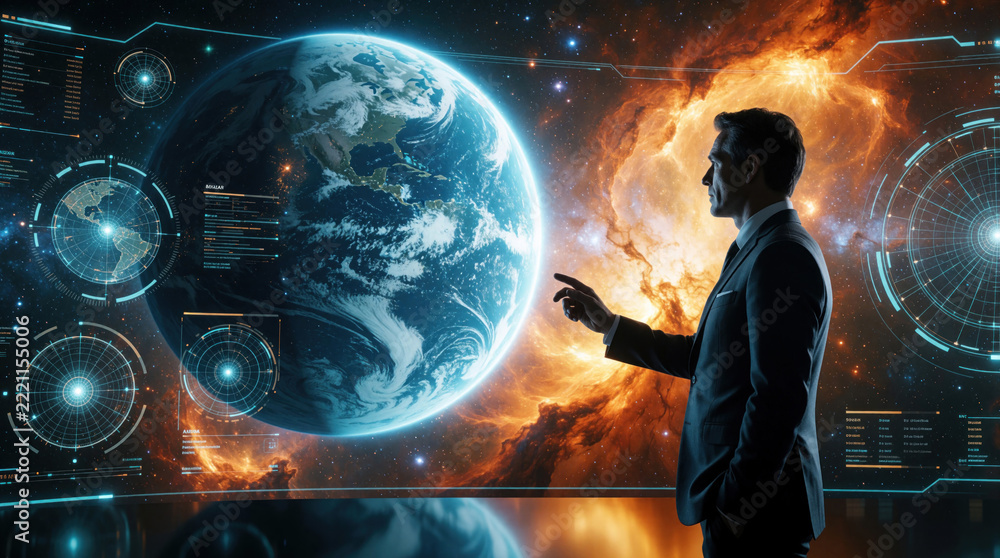 Fototapeta premium Businessman analyzes futuristic space data on large digital screen. Male executive studies Earth planet, glowing nebula in cosmos. Professional researcher examines holographic galaxy information,
