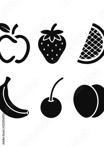 Fresh fruit vector collection with black simple icons for healthy food design