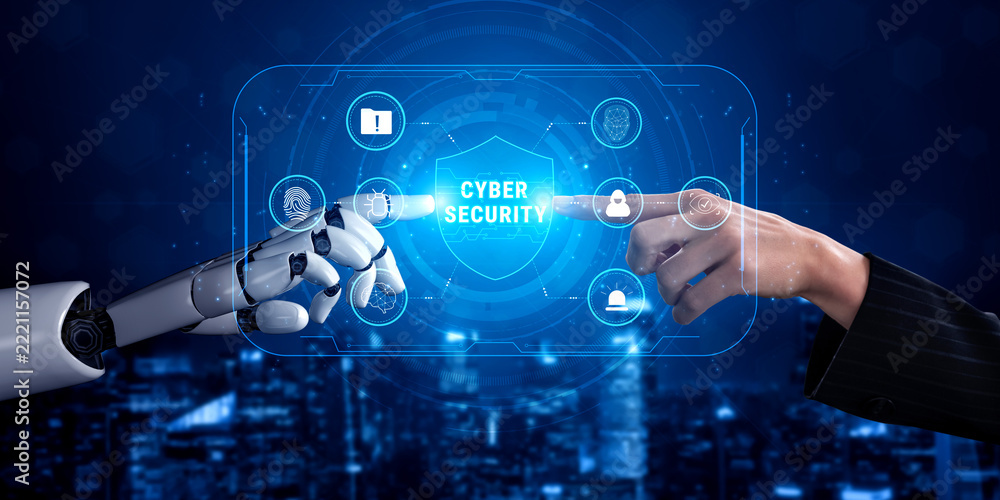 Fototapeta premium AI driven cyber security services for digital data protection and threat prevention. An AI system for network monitoring and malware detection. Motif