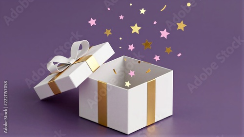 White gift box with gold ribbon opens to reveal sparkling stars and confetti against a purple background.