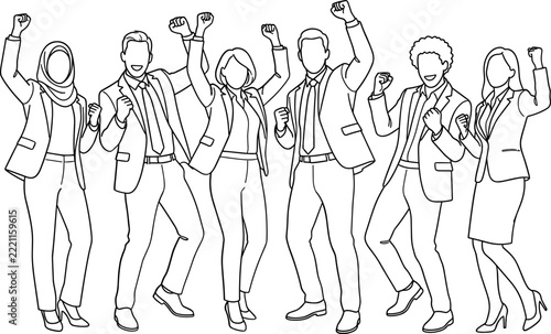 Group of diverse business professionals celebrating success with raised fists in outline illustration.