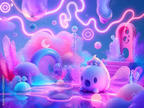 surreal fantasy pastel doodle abstract pink blue neon background with wavy line glowing in ultraviolet spectrum