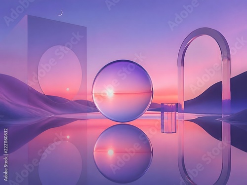 Surreal violet sunset landscape with hills, round glass shape and reflection in the mirror water surface