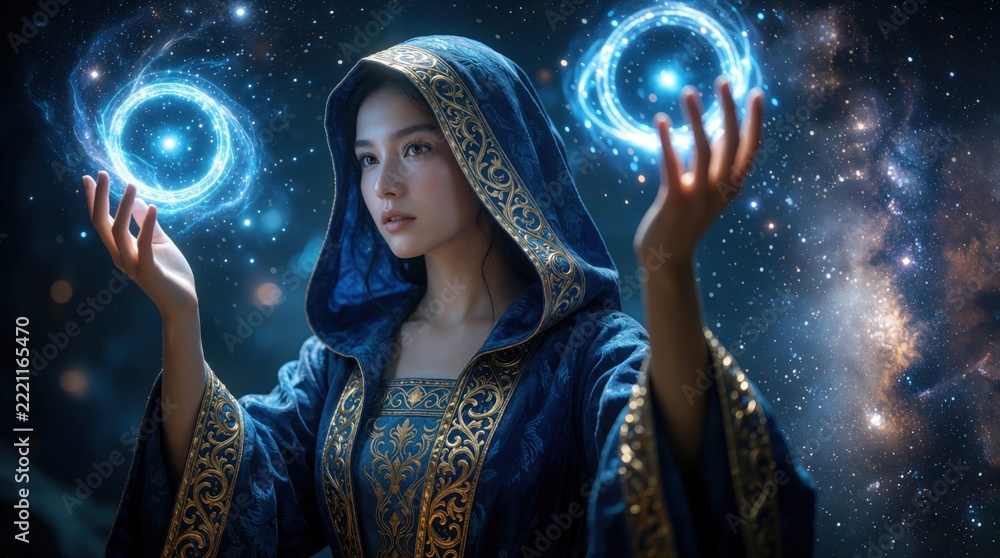 Fototapeta premium Young woman in blue hooded robe holds glowing magic energy circles in hands. Mystic female mage controls cosmic light, spiritual aura in space. Fantasy sorceress practices meditation with celestial