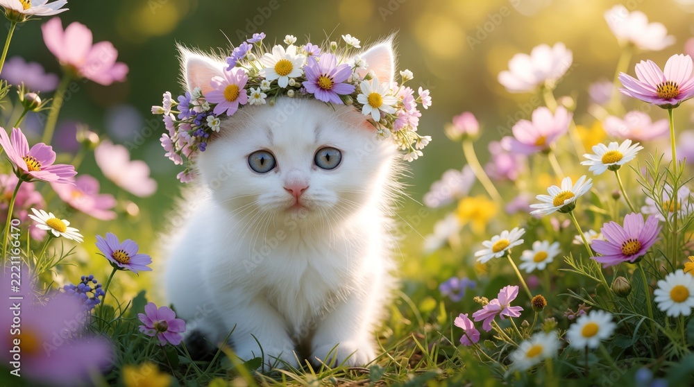 Fototapeta premium Cute white kitten wearing colorful flower crown sits in spring garden. Small baby cat looks at camera among blooming cosmos flowers, green grass. Adorable pet enjoys sunny day in nature meadow with