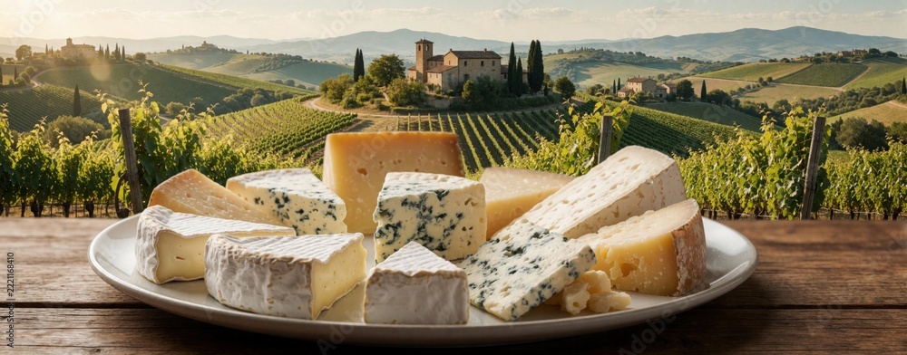 Naklejka premium Assorted cheese platter sits on wooden table with vineyard view. Various gourmet cheese pieces on white plate in sunny countryside. Beautiful hills, grape plantation in background. Delicious food