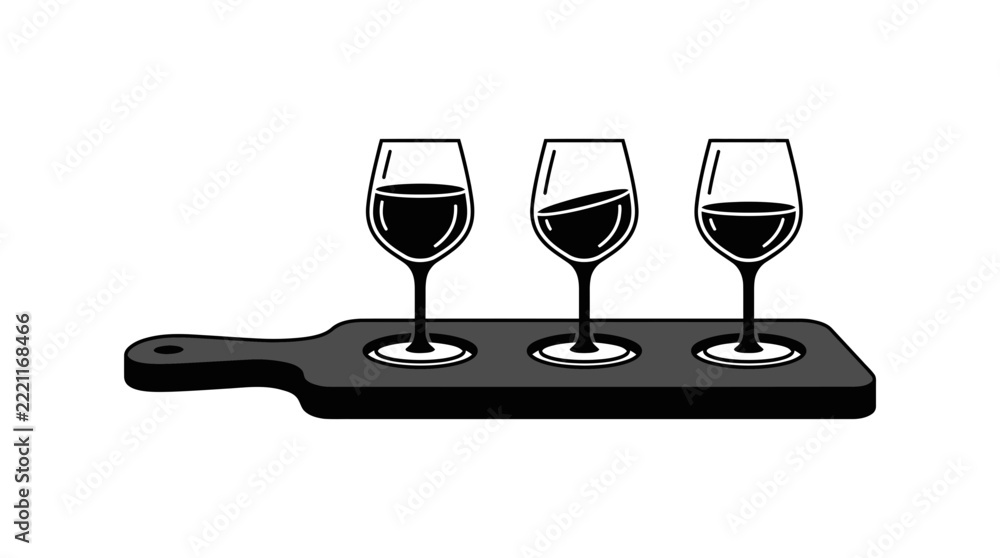 Fototapeta premium Black and white illustration of wine tasting flight with three glasses on wooden board.
