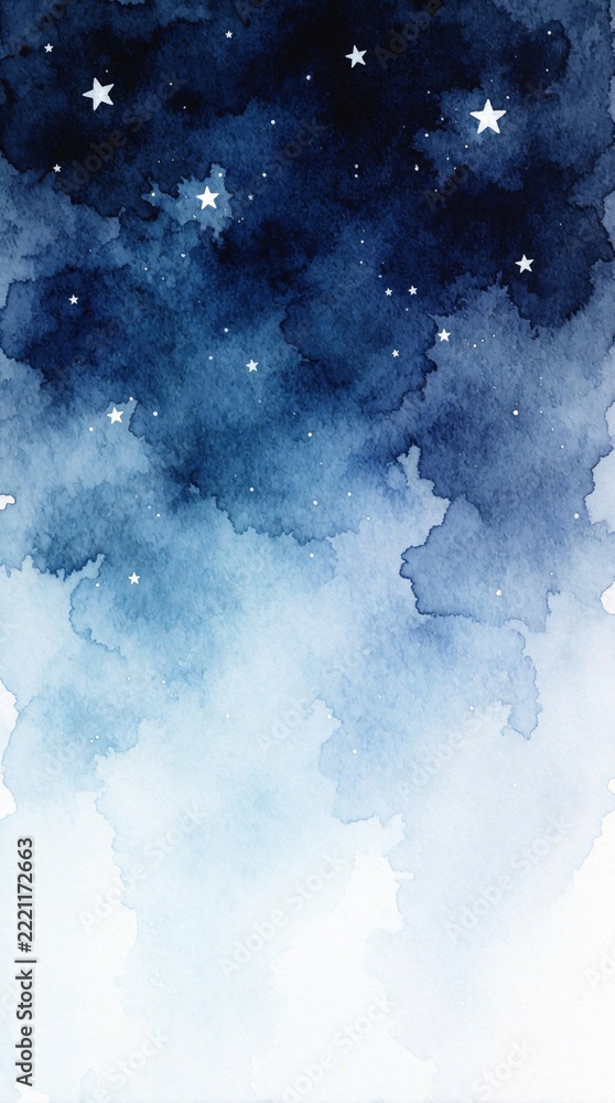 Fototapeta premium Abstract watercolor background with deep blue night sky, white stars. Soft gradient texture creates dreamy celestial atmosphere. Artistic wash effect shows cosmic space with twinkling stars on dark