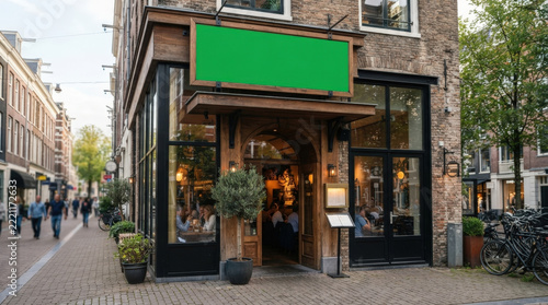 Exterior restaurant entrance featuring blank green promotional billboard frame and glass windows on vintage brick facade city building.